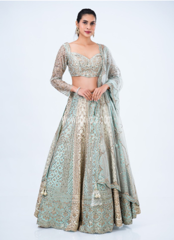 Sky Blue And Cream Silk Lehenga Choli