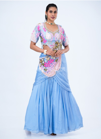 Lavender Blue Georgette Indo-Fusion Lehenga Set
