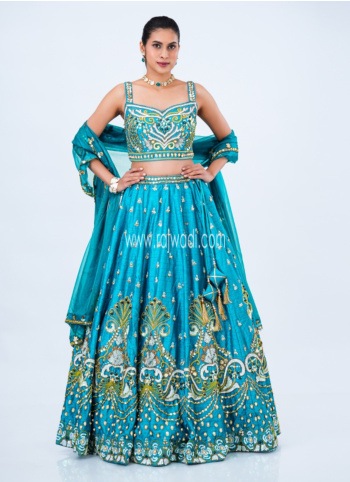 Firozi Embroidered Raw Silk Lehenga Choli
