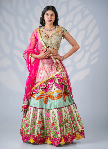 MultiColor Silk Embroidered Wedding Lehenga Choli Set