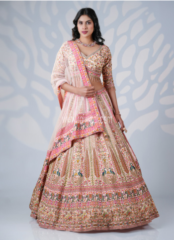 Peach Embroidered Lehenga Choli In Silk 