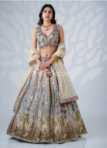 Grey Embroidered Silk Lehenga Choli