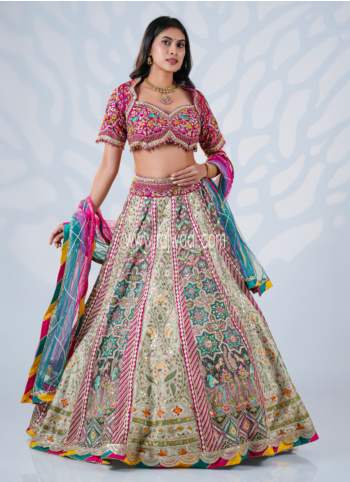 Multi colored Embroidered Silk Lehenga Set