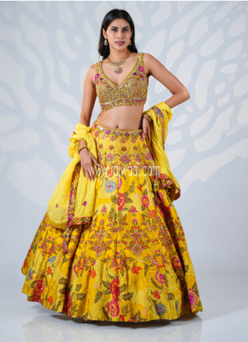 Yellow Silk Embroidered Lehenga Choli Set 
