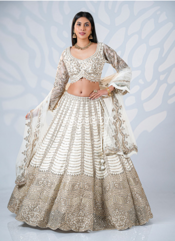 Off White Embroidered Silk Lehenga Choli
