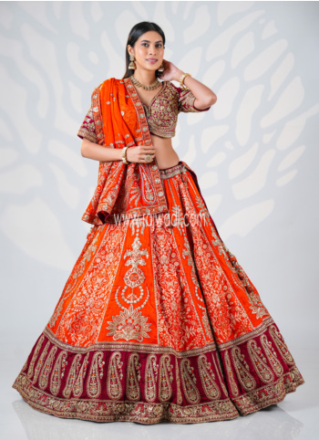 Orange And Maroon Embroidered Organza Lehenga Choli