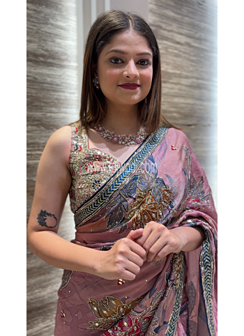 Onion Pink Embroidered Crepe Silk Saree