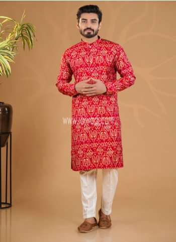 Festive Wear Rani Printed Cotton Silk Kurta Pajama
