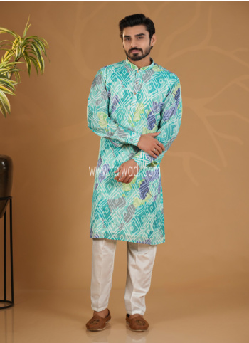 Firozi Printed Kurta Pajama In Silk