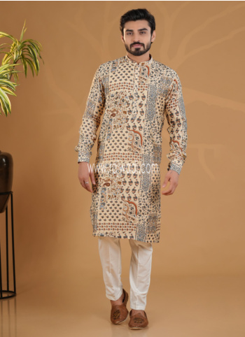 Cream Printed Kurta Pajama In Silk
