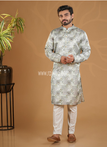 Light Pista Green Printed Silk Kurta Pajama