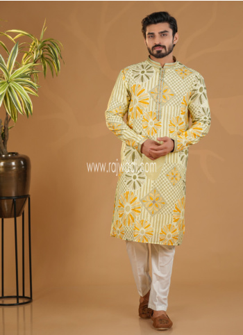 Yellow Printed Silk Kurta Pajama