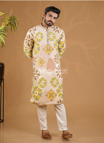 Beige Festive Wear Printed Silk Kurta Pajama