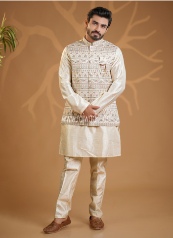 Cream Embroidered Silk Nehru Jacket Set 