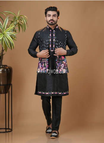 Black Embroidered Silk Nehru Jacket Set 