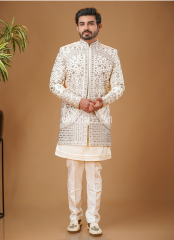 Cream Embroidered Silk Indowestern Set