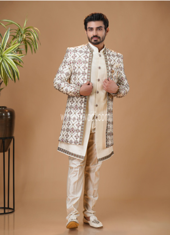 Cream Embroidered Jacket Indowestern Set
