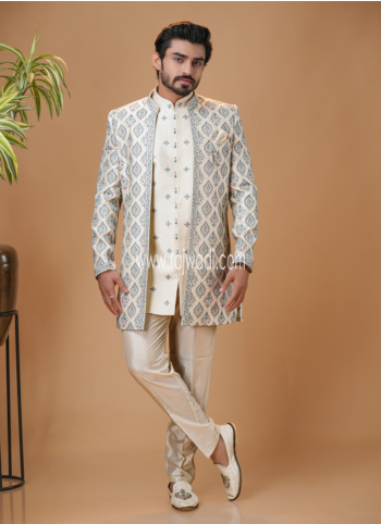 Embroidered Cream Color Silk Indowestern Set