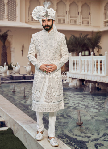 White Groom Wear Art Silk Sherwani