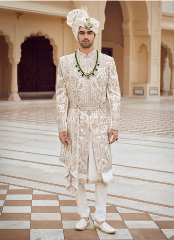 Royal White Embroidered Art Silk Sherwani