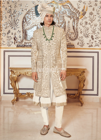 Traditional White Embroidered Art Silk Groom Sherwani