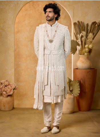Cream Embroidered Dulha Sherwani Set In Art Silk