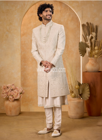 Cream Art Silk Embroidered Anarkali Sherwani