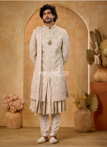 Luxurious Cream Art Silk Embroidered Sherwani Set 