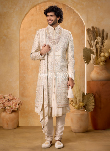 Heavy Embroidered Art Silk Sherwani With Dupatta