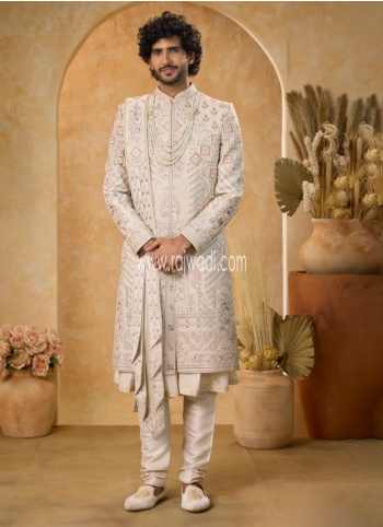 Cream Embroidered  Art Silk Groom Sherwani Set 