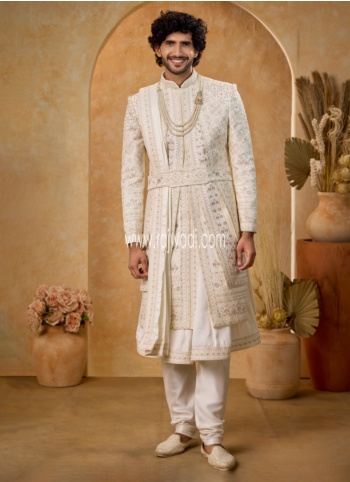 Luxurious Cream Art Silk Embroidered Sherwani For Men