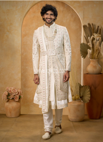 Royal Off White Embroidered Art Silk Sherwani Set 