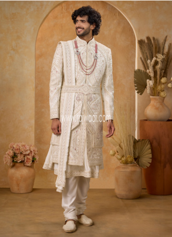 Off White Embroidered Sherwani Set With Dupatta