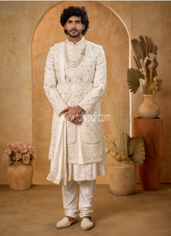 Off White Embroidered Art Silk Wedding Sherwani Set