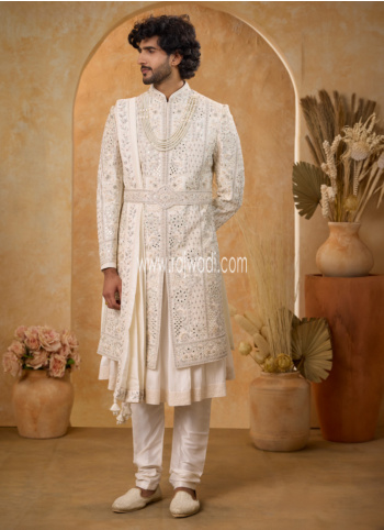 Cream Embroidered Art Silk Sherwani Set With Dupatta