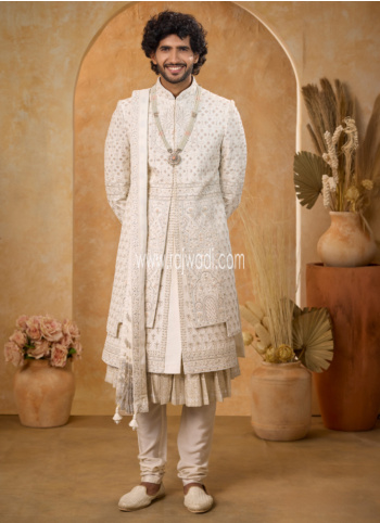 Elegant Cream Art Silk Sherwani Set For Groom