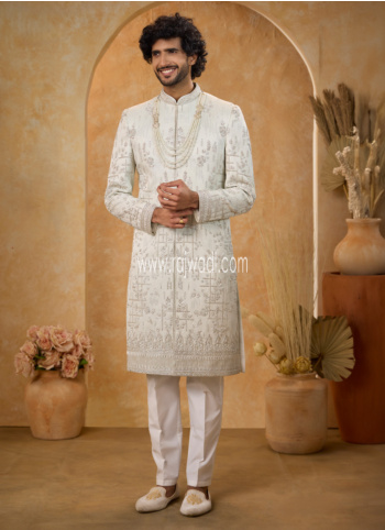 Royal Light Grey Art Silk Embroidered Sherwani Set
