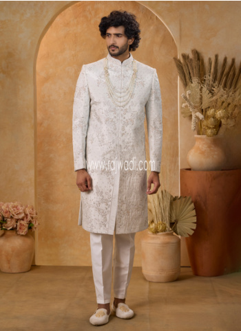 Cream Embroidered Sherwani Set In Art Silk