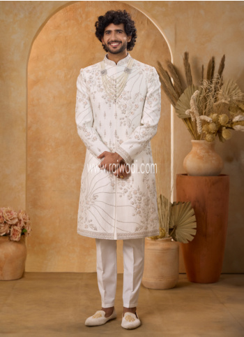 Off White Sherwani Set In Art Silk