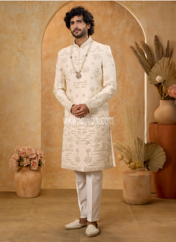Cream Art Silk Embroidered Groom Sherwani
