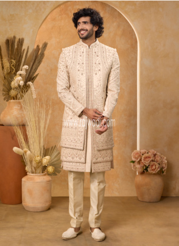 Exquisite Cream Art Silk Sherwani Set With Embroidery