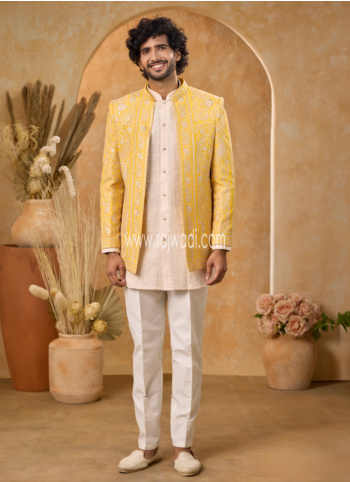 Cream And Yellow Art Silk Indowestern Set