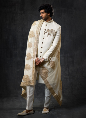 Wedding Wear Off White Art Silk Embroidered Sherwani Set With Dupatta
