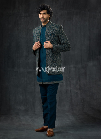 Stylish Teal Blue Art Silk Indowestern Set With Embroidered Jacket For Wedding