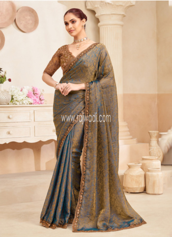 Blue And Gold Organza Saree
