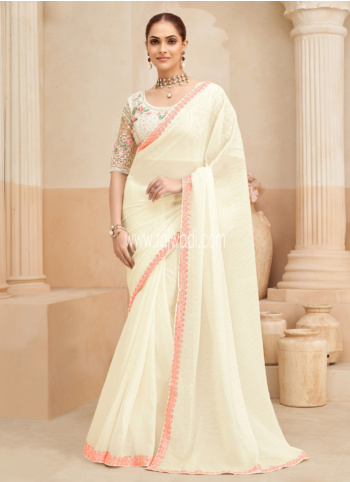 Cream Embroidered Organza Saree