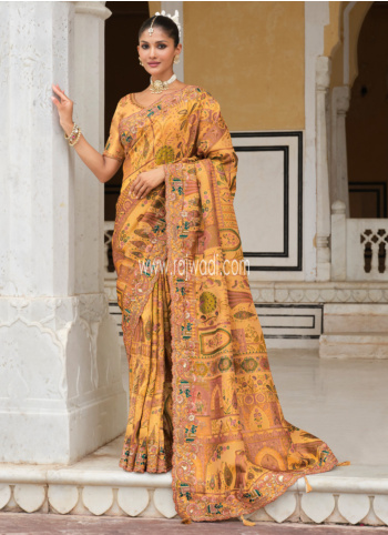 Mustard Yellow Embroidered Banarasi Silk Saree