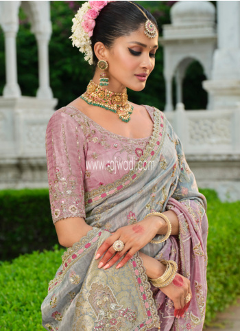 Grey And Pink Banarasi Silk Saree