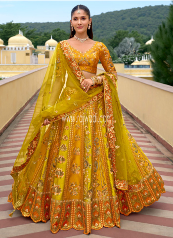 Mustard Yellow And Green Silk Lehenga Choli