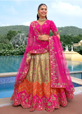 Rani And Gold Embroidered Silk Lehenga Choli